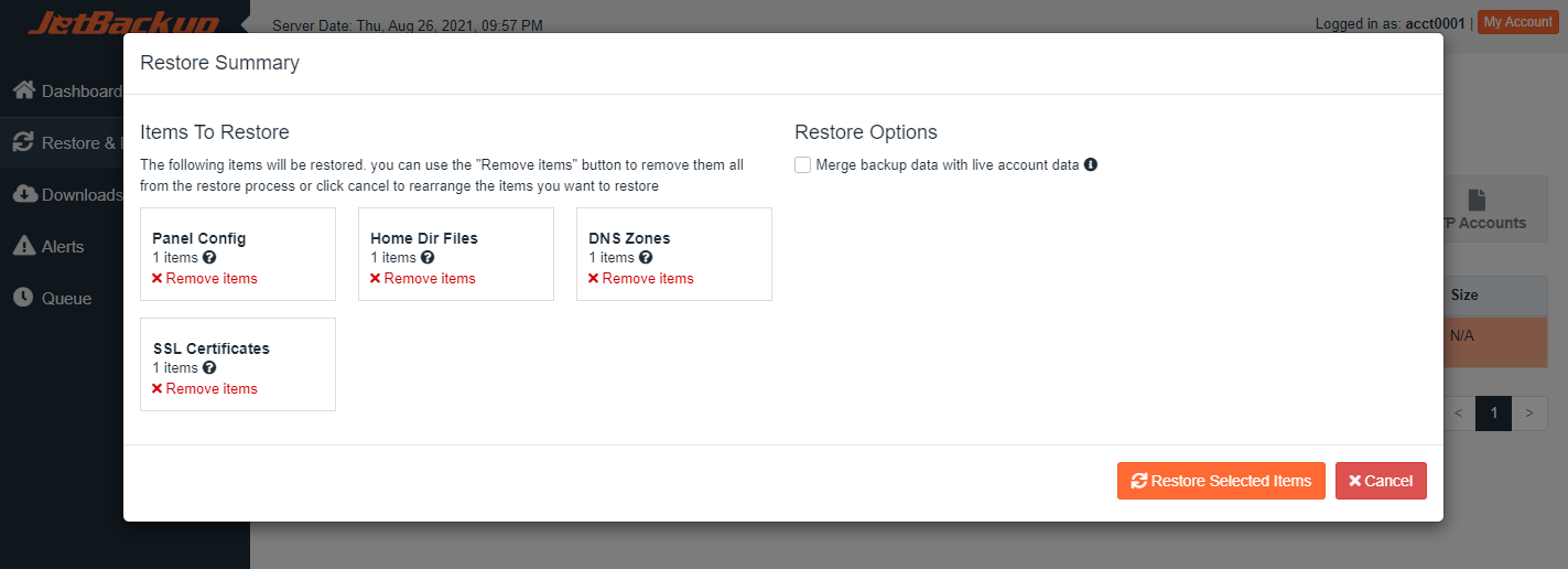 jetbackup user Restore Button